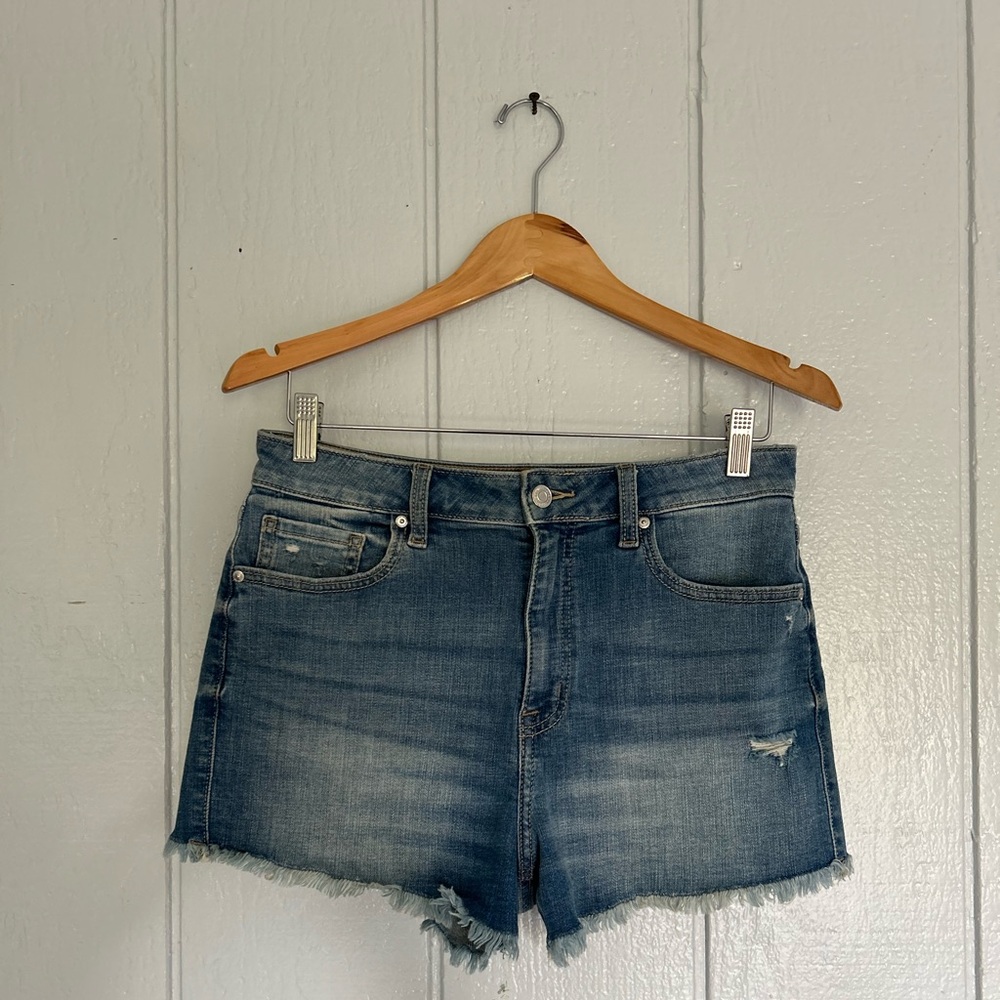 Eunina Distressed High-Rise Denim Shorts – Size M 
(runs big more like L)